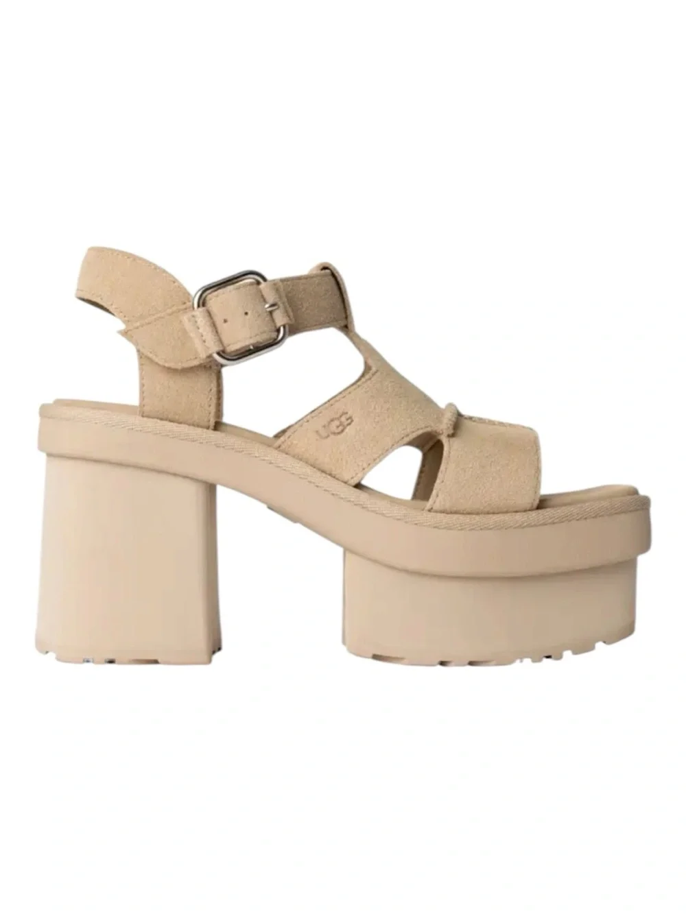 UGG New Heights Platform T-Strap Sandals Suede Beige NWOB 7.5